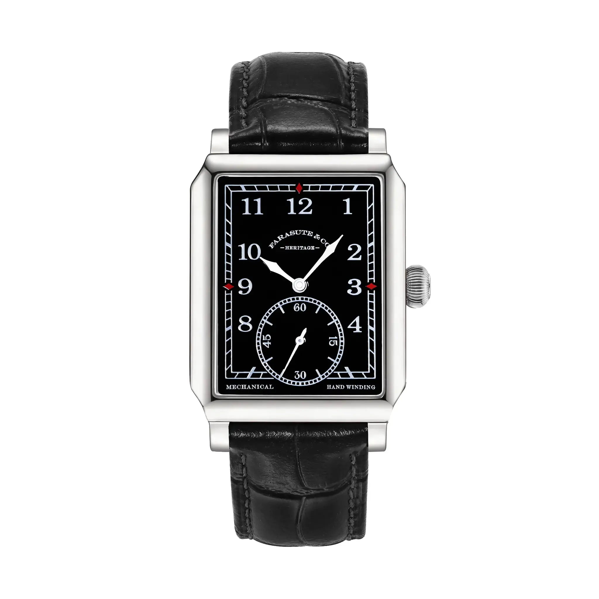 FARASUTE square mechanical wristwatch for men with black dial and white numerals, leather strap.