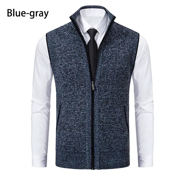 Men's blue-gray knitted sleeveless vest with stand collar and full-zip front waistcoat.