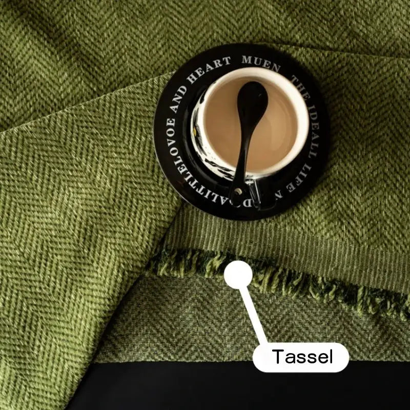 Simples Market Minimalist Chenille Sofa Towel with Tassel Edge in olive green, sofa cover blanket for home decor.