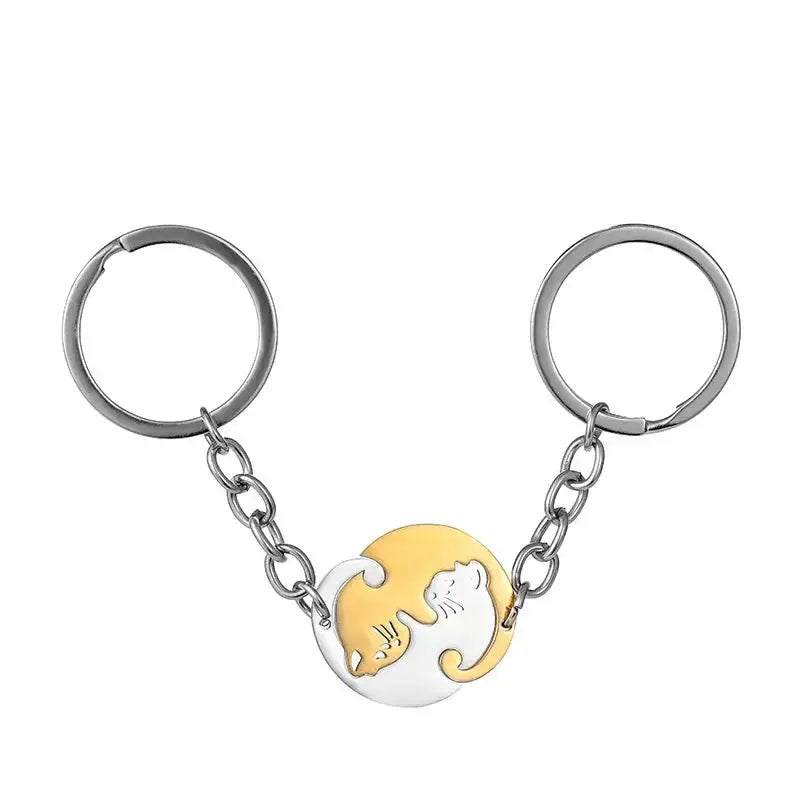 Heart Shaped Cat Yin Yang Stainless Steel Keychain Set For Couples And Best Friends