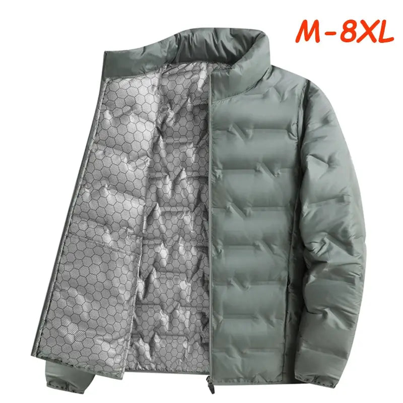 Men's green duck-down puffer jacket with stand collar, Simples Market, sizes M-8XL, hex quilted lining