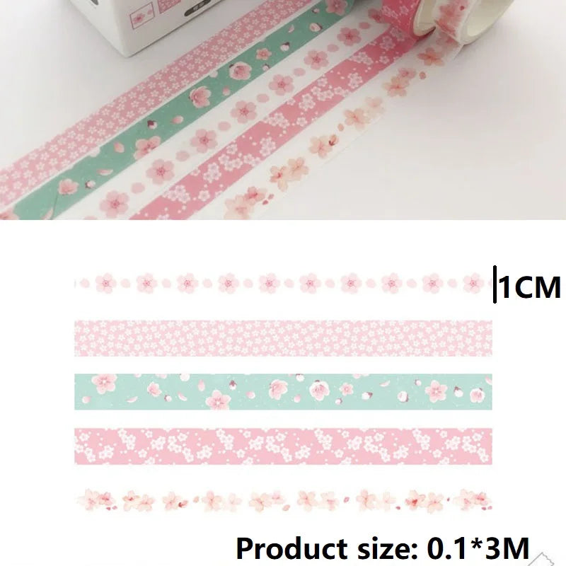 Washi Tape set, 5Pcs by Simples Market, pink and teal floral patterns for journaling and deco