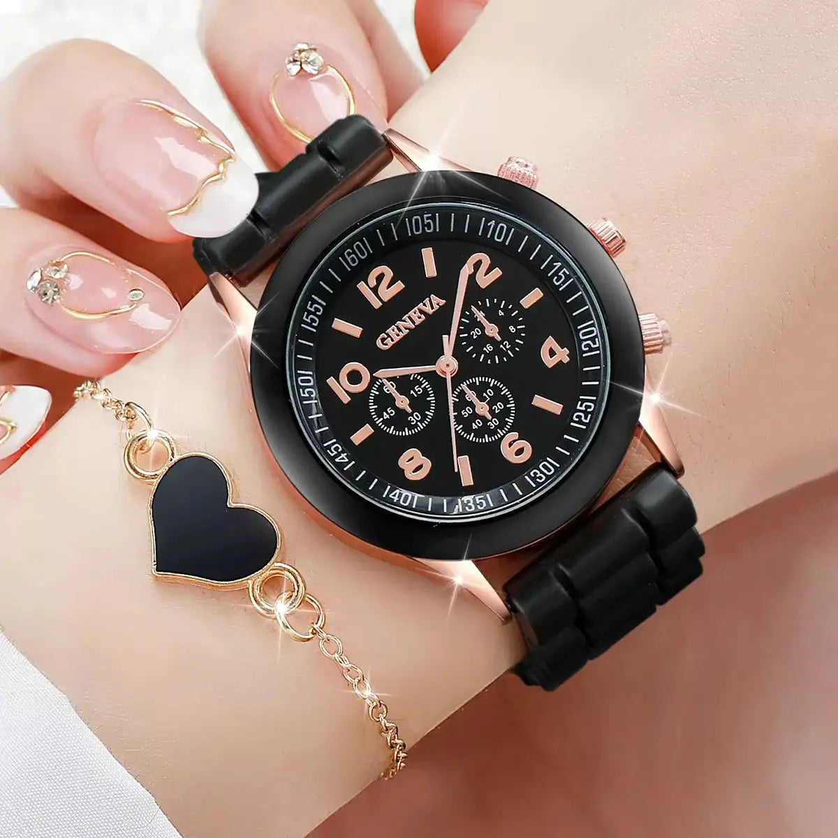 Simples Market women's watch and heart bracelet set: Geneva black dial quartz with rose-gold case and silicone strap