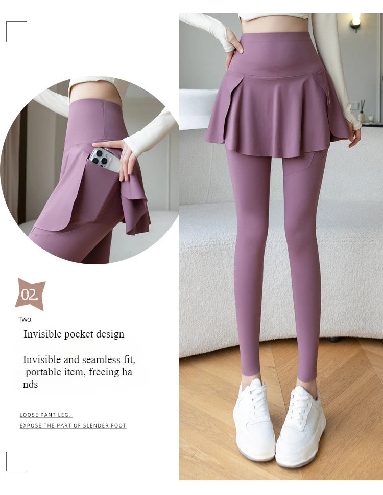 Women's purple seamless high-waist leggings with pocket and attached skirt overlay for yoga workouts