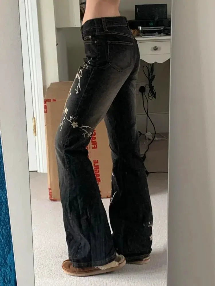Weekeep Floral Embroidery Jeans Y2K Vintage Low Rise Flared Denim