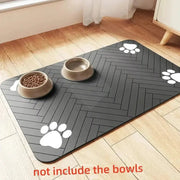 Simples Market gray absorbent pet mat; waterproof, non-slip for dog and cat bowls with paw-print accents.