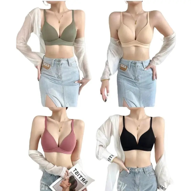 Simples Market Japanese style wireless bralette in four color options: olive green, beige, pink, and black.