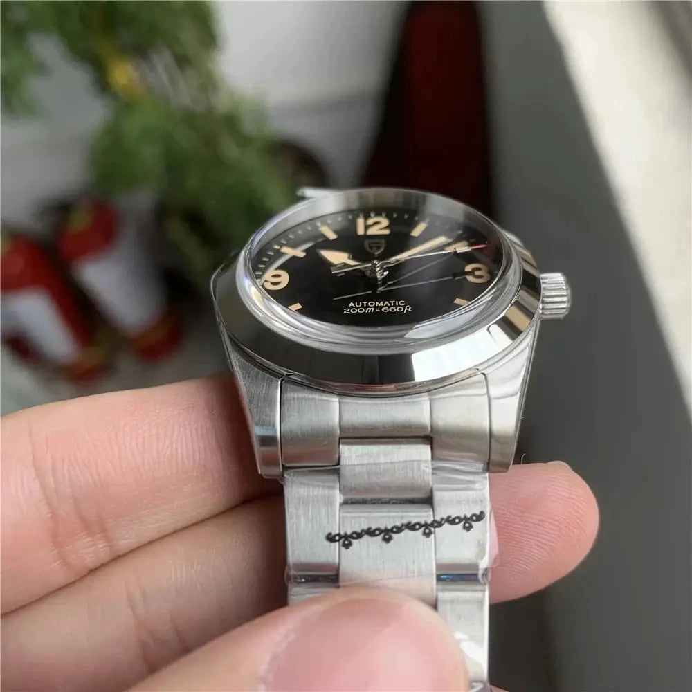 Watch, 36mm men's automatic stainless steel bracelet, black dial with beige numerals and luminous hands, sapphire crystal