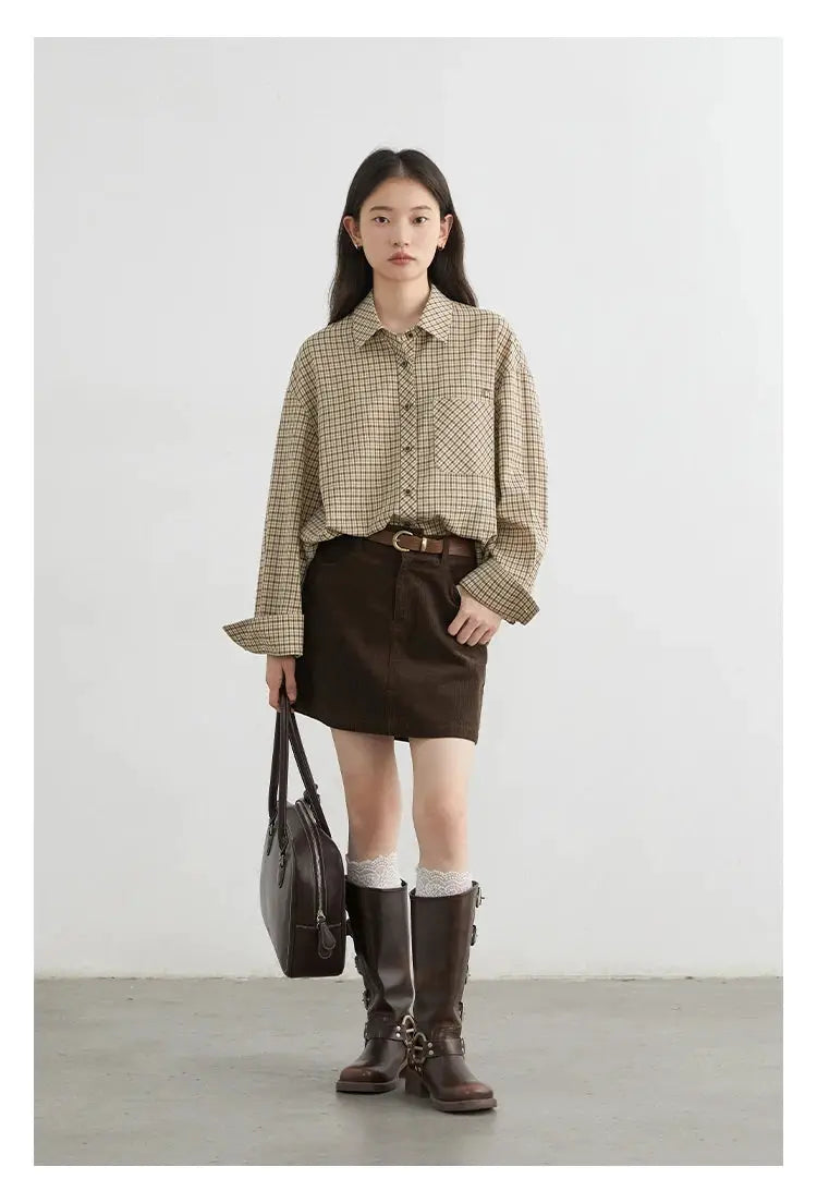 CHIC VEN women’s beige plaid shirt with front pocket, loose casual fit, paired with brown mini skirt and boots