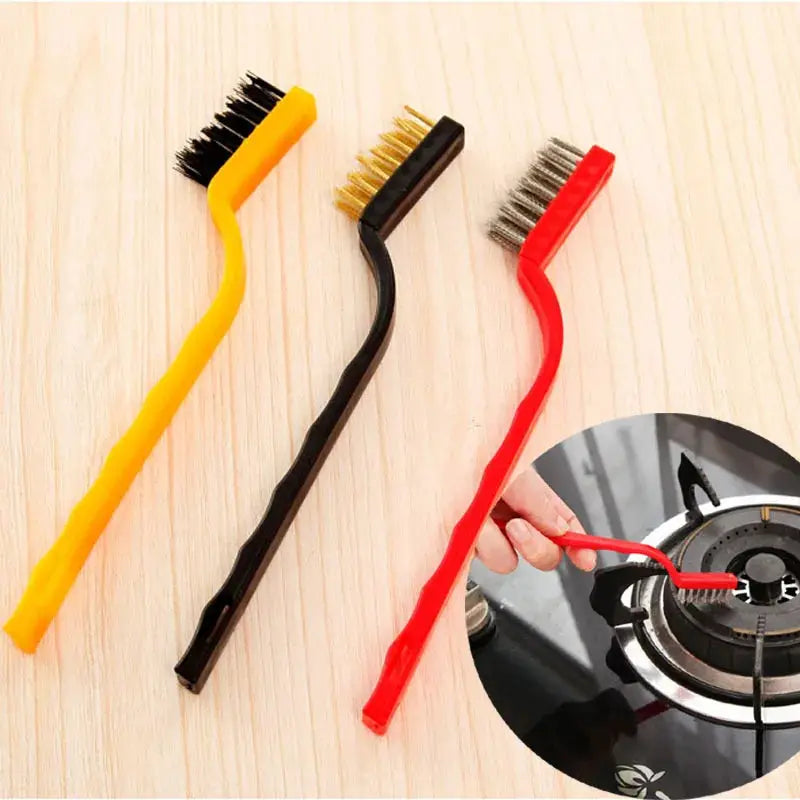 3-piece 7-inch stainless steel brush set with curved yellow, black, and red handles for rust removal and metal cleaning