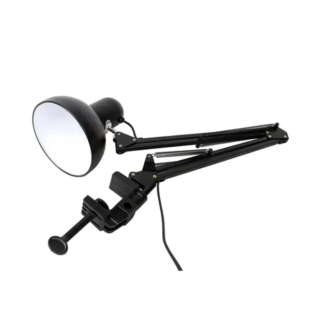 Simples Market swing arm clamp desk lamp, black adjustable head with round shade and clamp base.