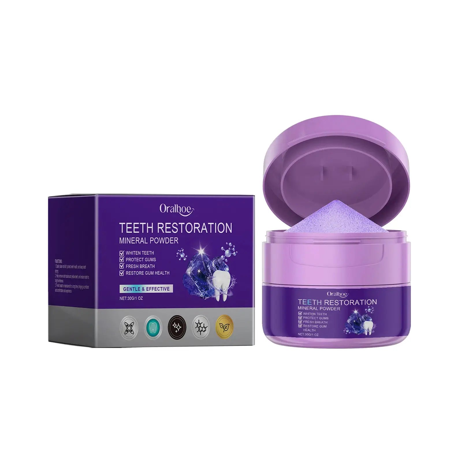 Teeth restoration mineral powder in a purple jar with a matching purple box