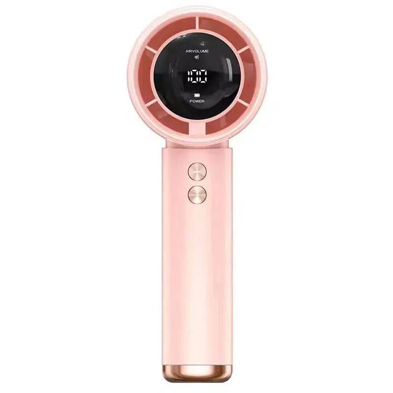 Mini handheld pink USB charging fan with circular digital display; portable travel companion