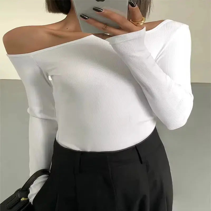 Skew Collar Off Shoulder Long Sleeve Crop Top Women Spring Solid Slim Fit Hollow Out Tee Shirt