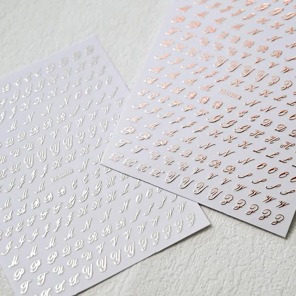 3D Roman letter nail stickers; metallic gold/silver/rose gold self-adhesive decals by Simples Market