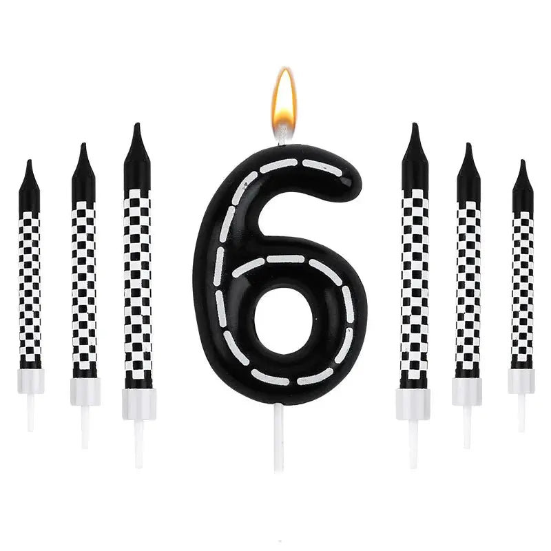 7 Piece Set Racing Car Themed Birthday Number Candles Black White Checkered Cake Topper For Kids Birthday Party