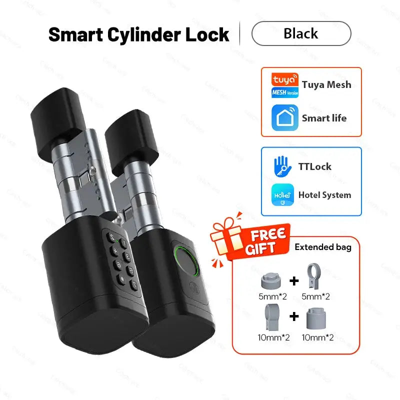 2x Black Smart Cylinder Locks with keypad and fingerprint, Simples Market, Tuya/TTLock compatible
