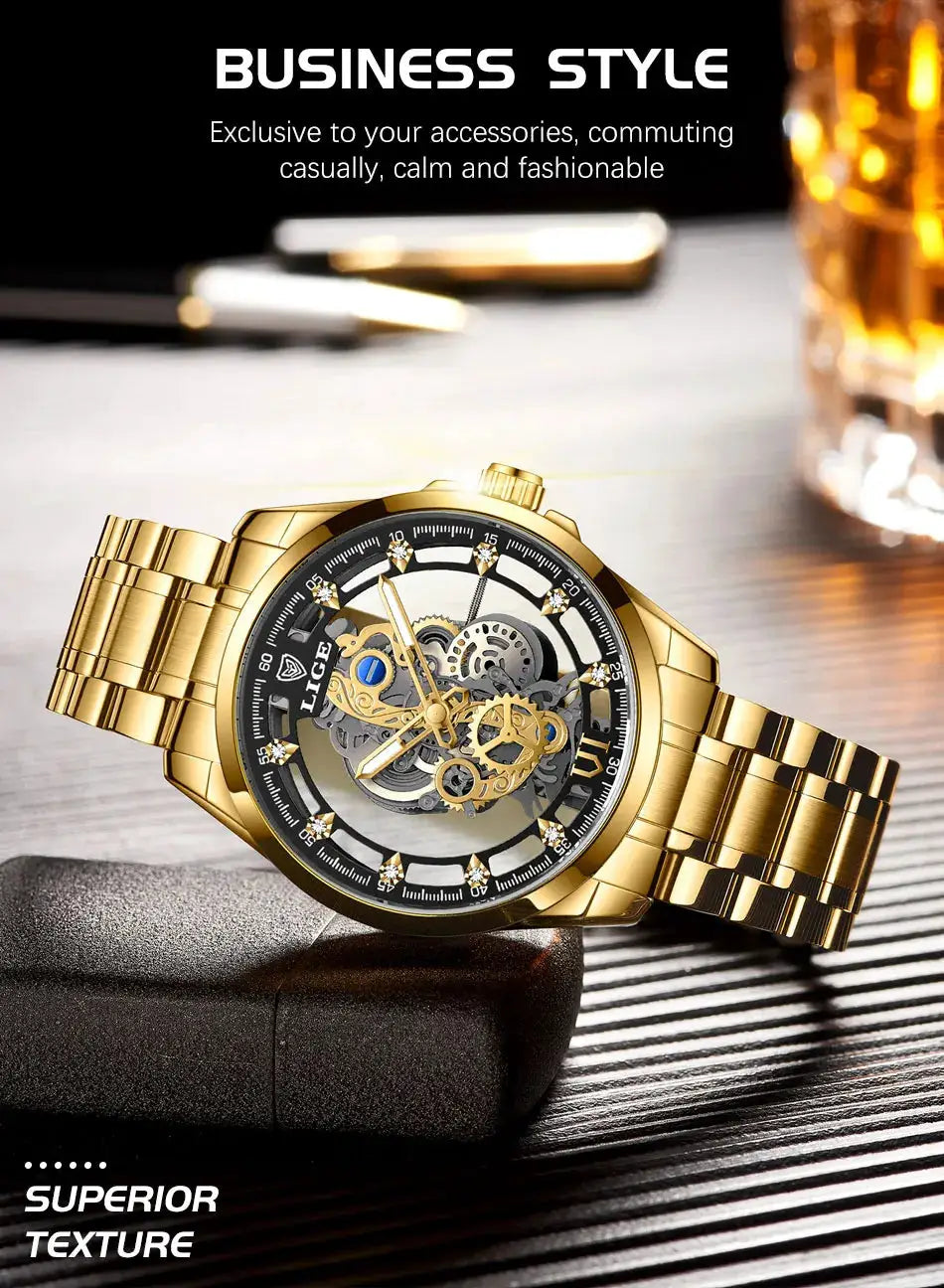LIGE men's gold stainless steel skeleton watch with exposed gears.