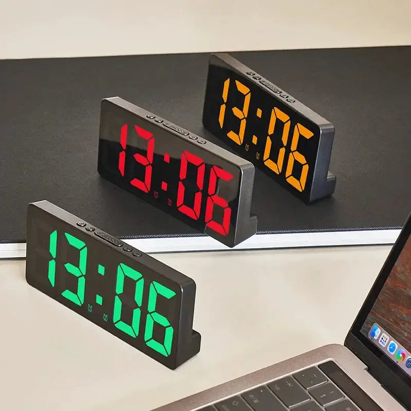 Acrylic/mirror digital alarm clocks set of 3 with green, red and orange LED displays.