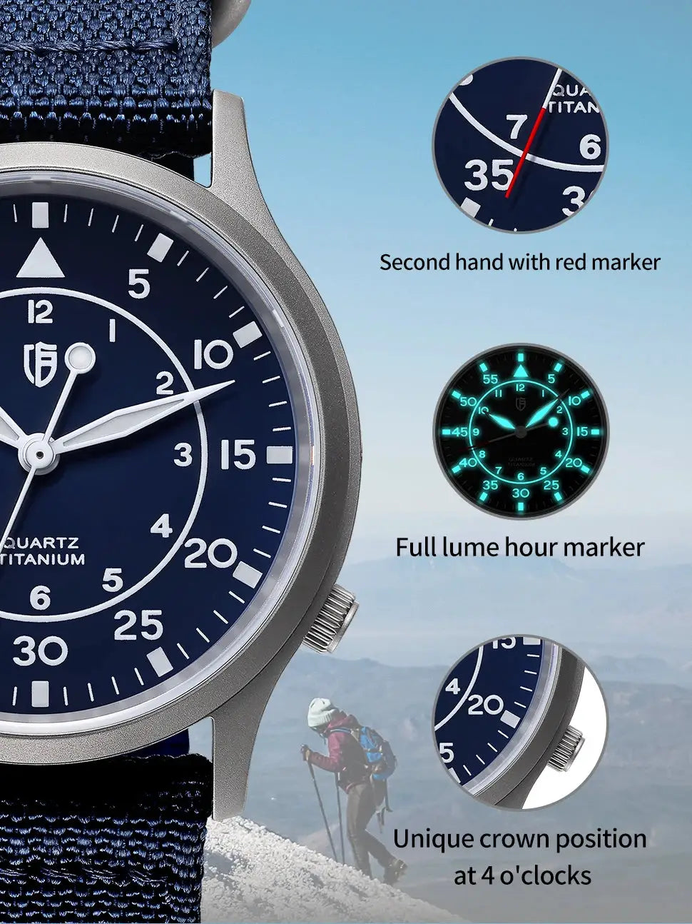 BERNY Titanium men's watch with blue dial, luminous markers, titanium case, navy fabric strap, 4 o'clock crown