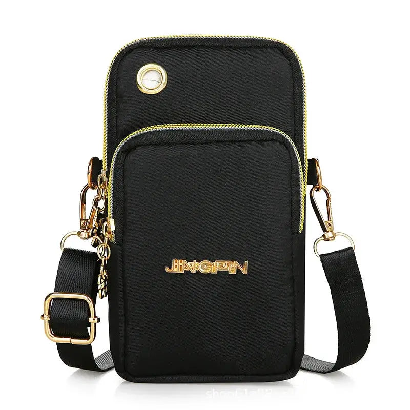 Mobile phone bag crossbody, black with gold zippers, front zip pocket, detachable strap, JINGPIN brand