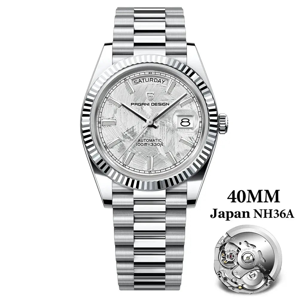 Pagani Design men's stainless steel automatic watch, 40mm, day-date, silver textured dial, fluted bezel