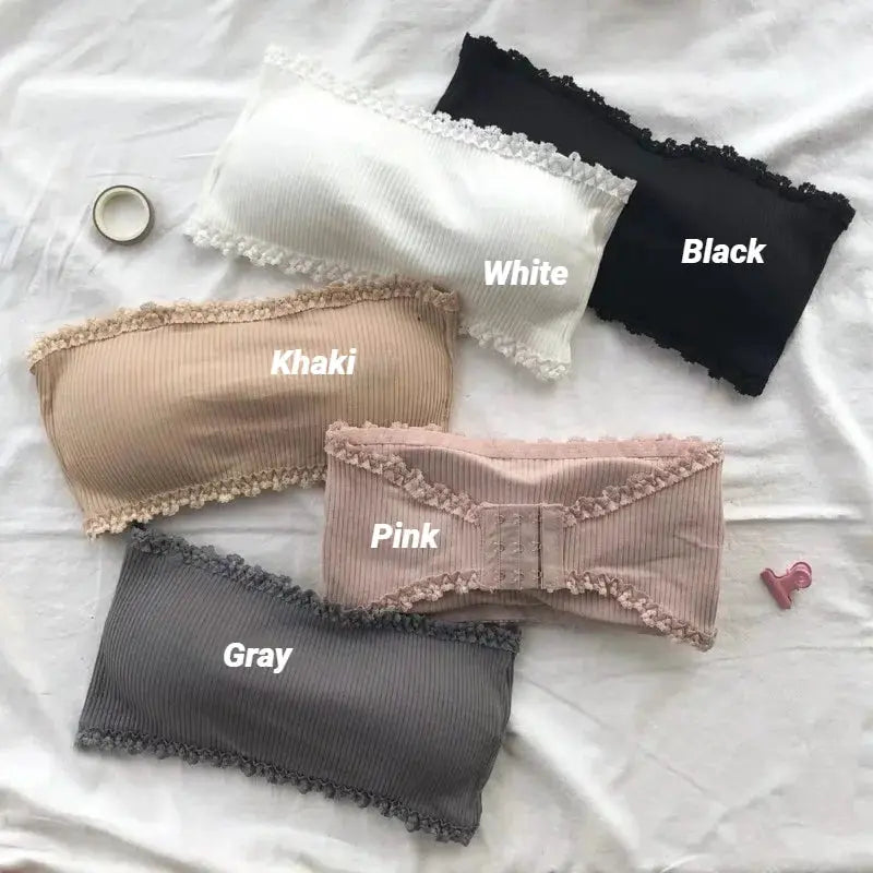 Simples Market strapless lace bras set in white, black, khaki, pink, and gray with lace trim and ribbed seamless fabric
