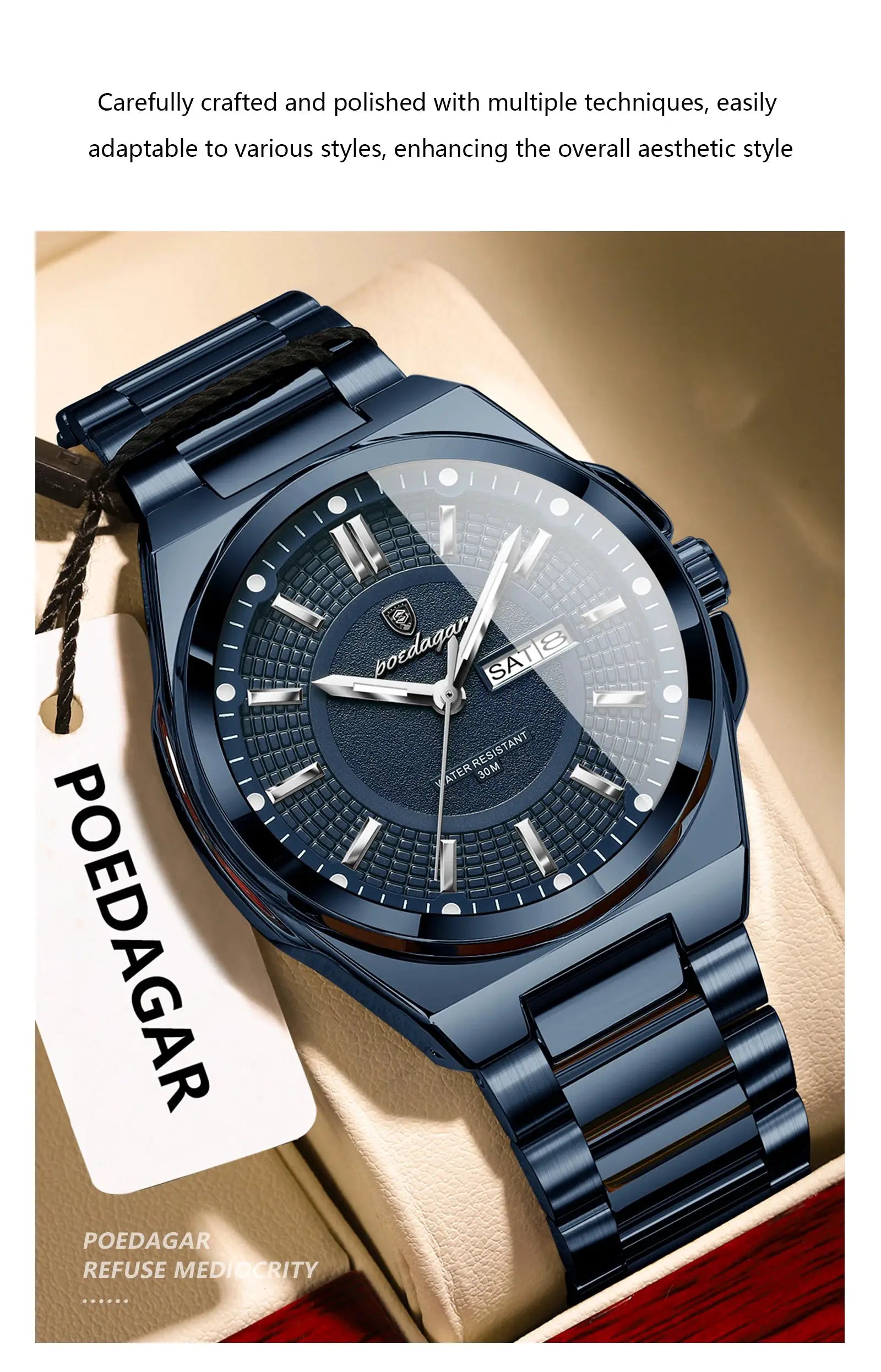 POEDAGAR men's blue stainless steel wristwatch with date window and water resistance
