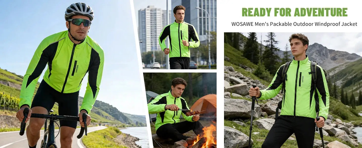 WOSAWE men's neon green windproof, water-repellent cycling jacket with black panels and reflective trim