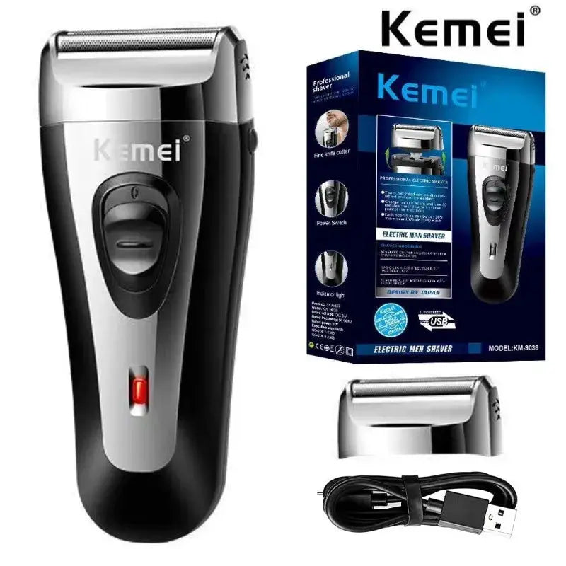 Kemei KM-9038 rechargeable foil electric shaver for men, black-silver with USB charging; includes box and USB cable