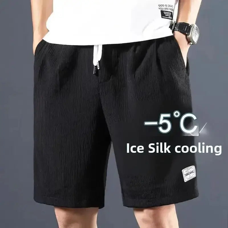 Men's ice silk cooling shorts in black, loose-fit with white drawstring by Simples Market