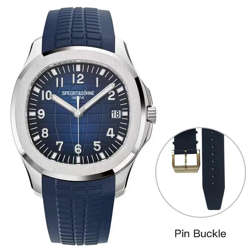 Specht&Söhne men's sport watch with blue dial, blue silicone strap, date window, 50M water resistant