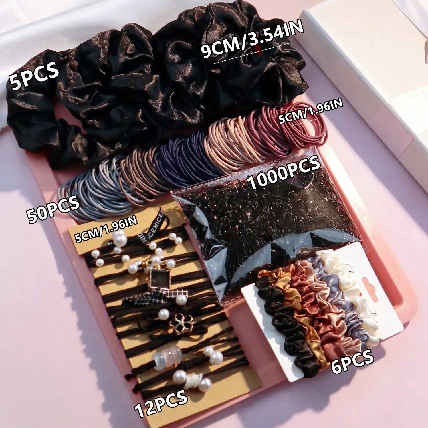 Hair accessories set 1085PCS in dark tones by Simples Market including seamless ponytail holders, scrunchies and hair ties