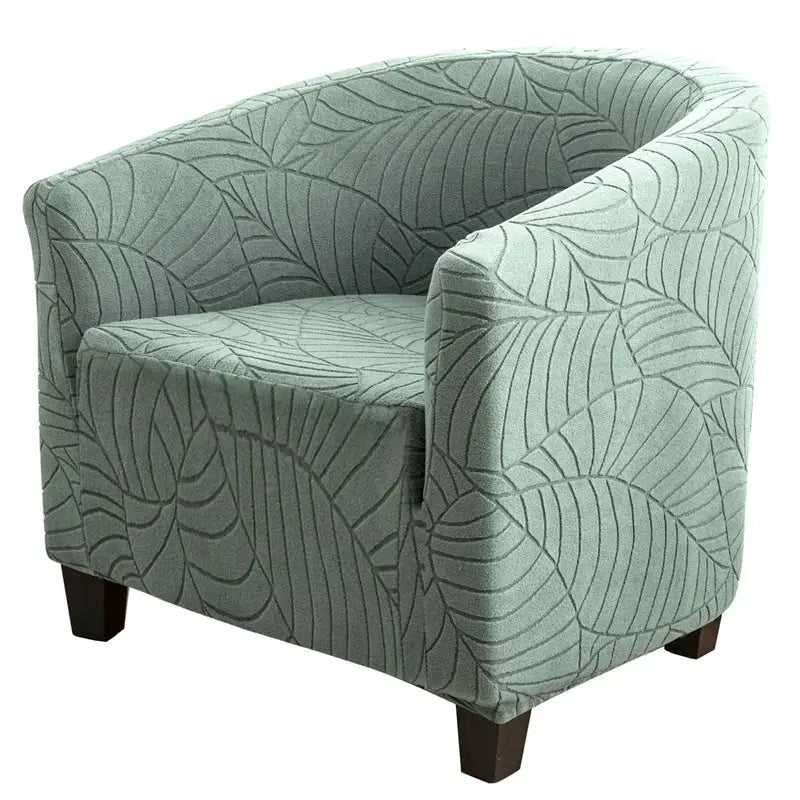 Elastic club chair cover with leaves jacquard pattern in sage green for living room by Simples Market