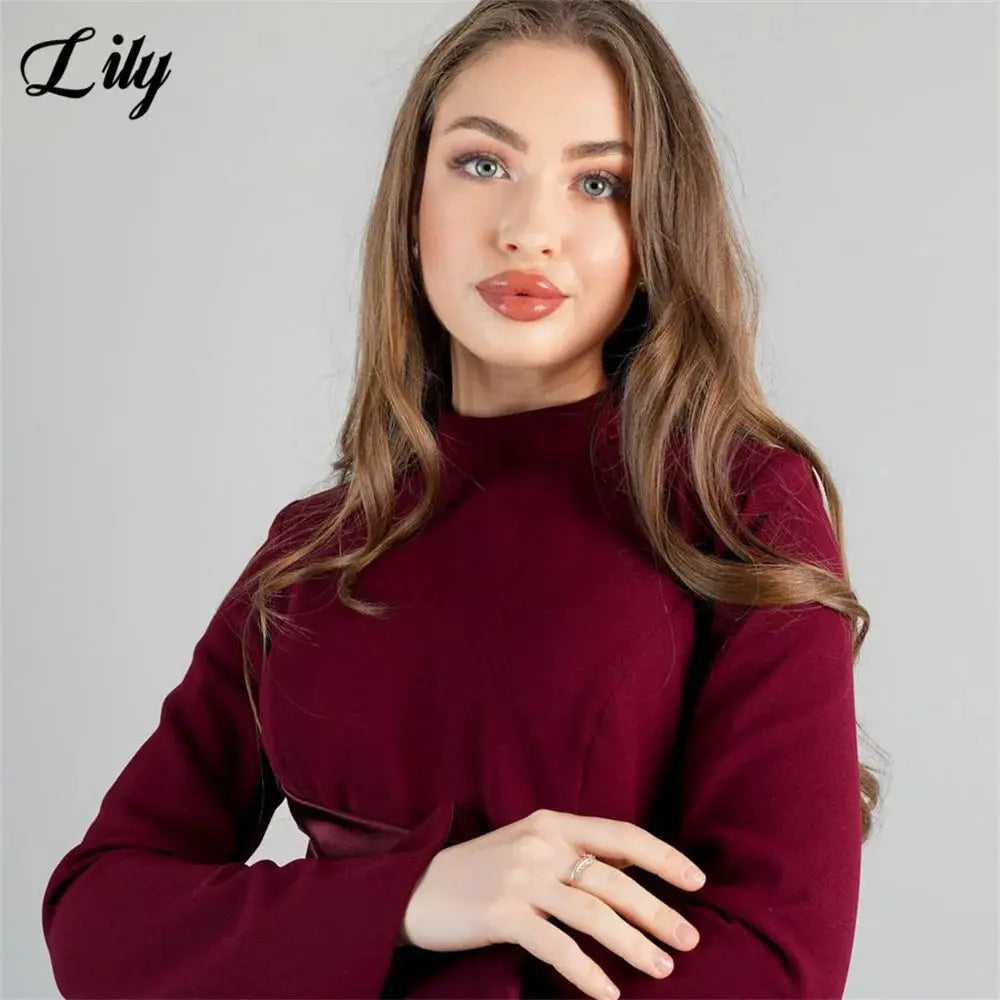 Lily Burgundy Satin Mermaid Prom Dress With High Neck Sleeves Dubai