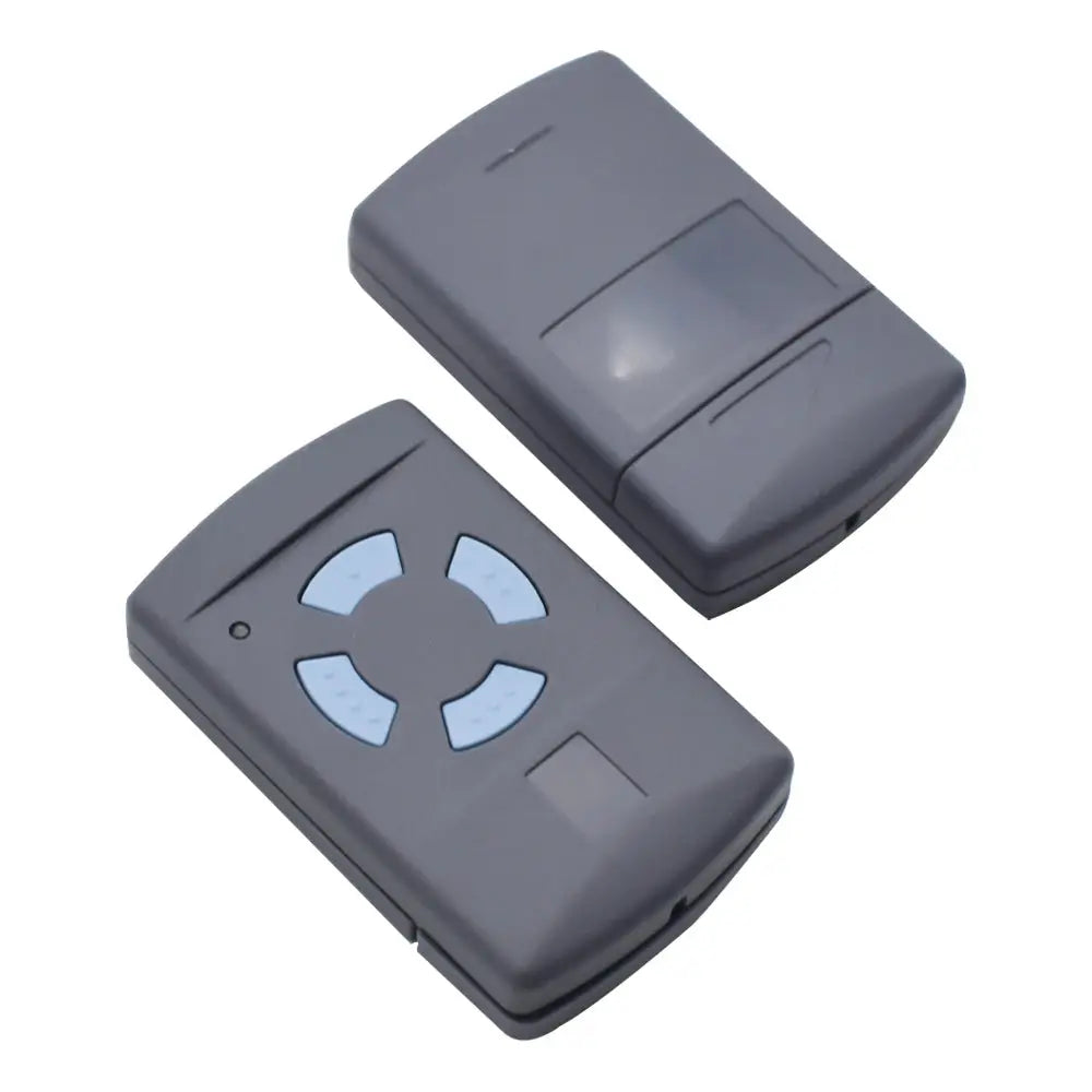 Garage door remote key fob with gray body and blue circular buttons, two remotes shown.