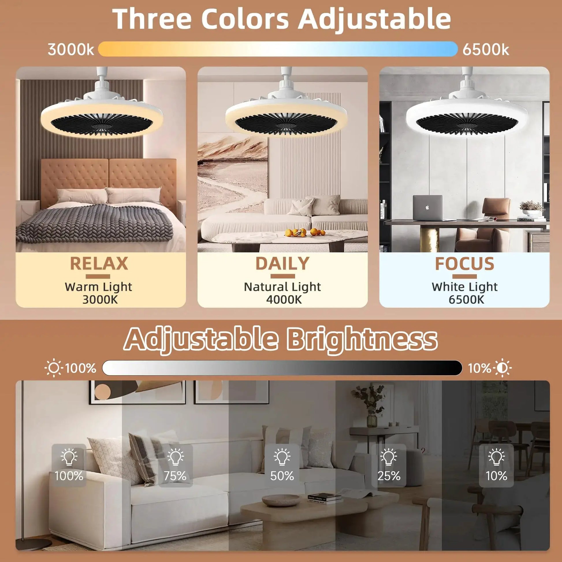 IRALAN modern ceiling fan with LED light by Simples Market; remote control, three color temps 3000K/4000K/6500K