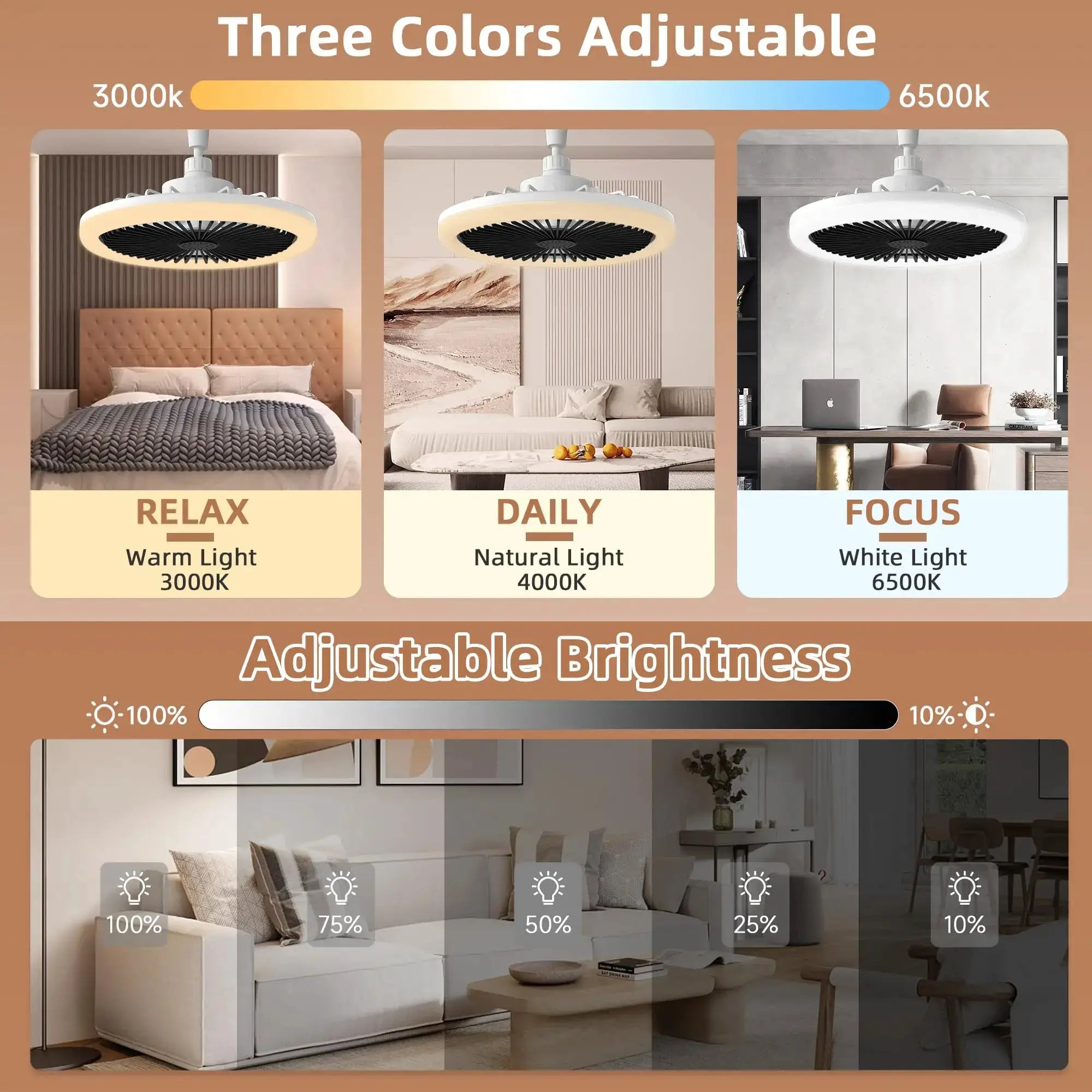 IRALAN modern ceiling fan with LED light by Simples Market; remote control, three color temps 3000K/4000K/6500K