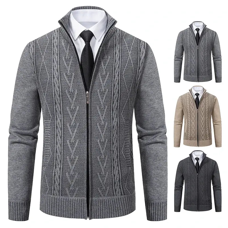 Men's cashmere padded knitted sweater coat, gray zip-up with cable-knit pattern; 4 color options.