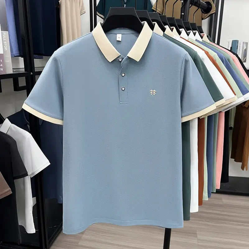 Silk-cotton polo shirt, short sleeve, light blue with cream collar and cuffs