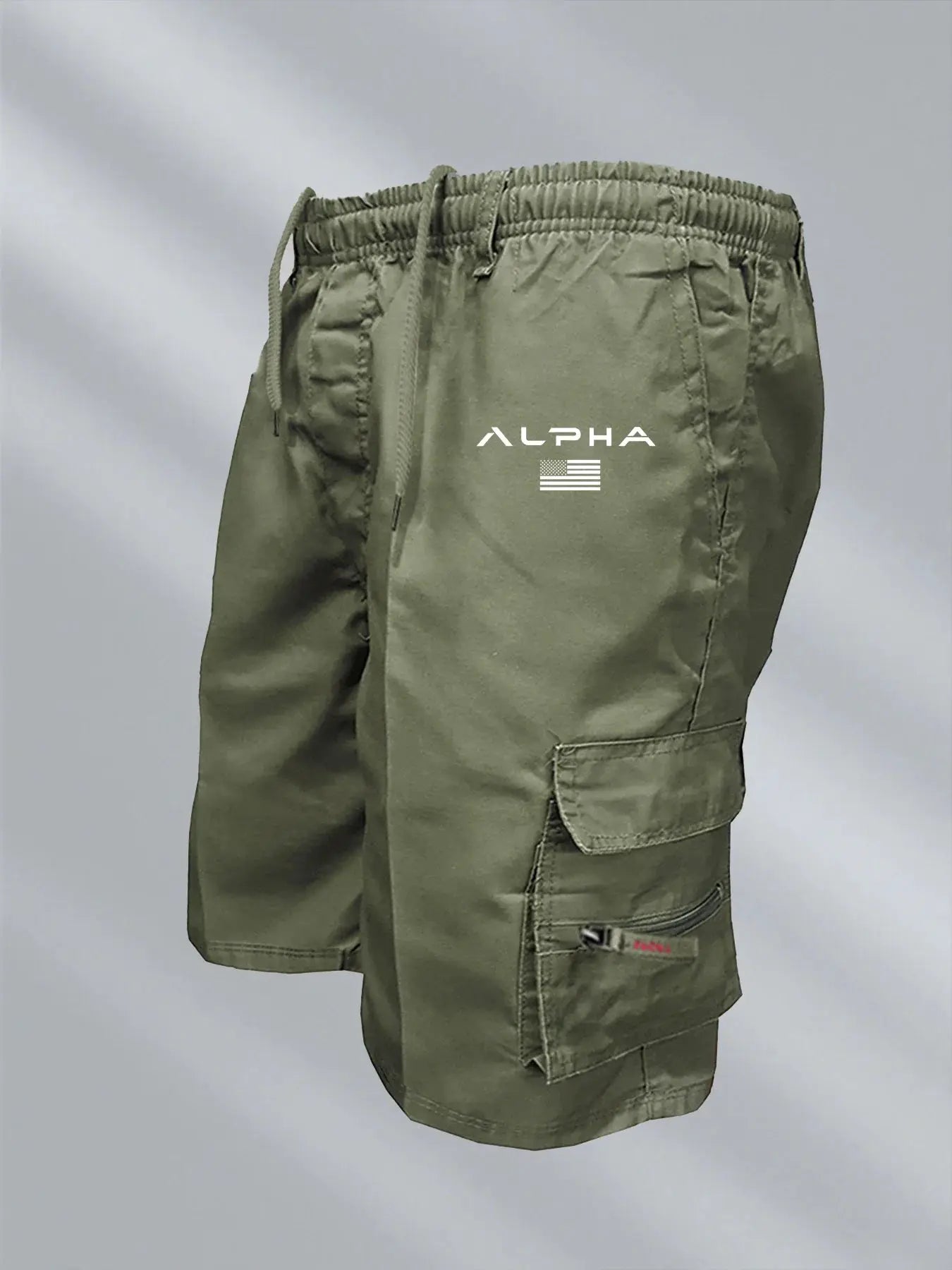 Men's olive-green cargo shorts with elastic waistband and multiple pockets, ALPHA logo.