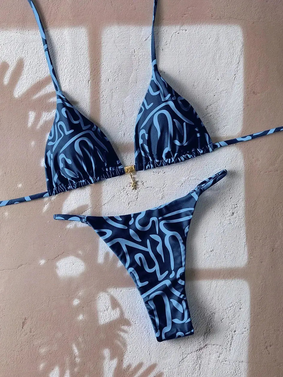 Simples Market blue leopard print two-piece bikini set with triangle push-up top and thong bottom