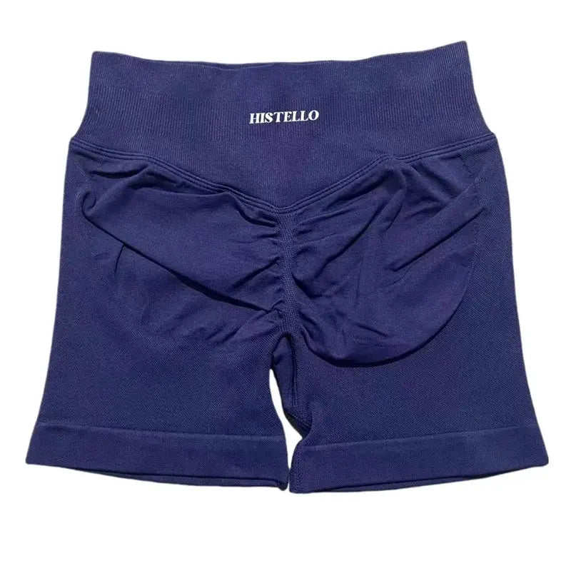 HISTELLO women's sports shorts, navy blue, low-rise seamless scrunch, breathable fabric
