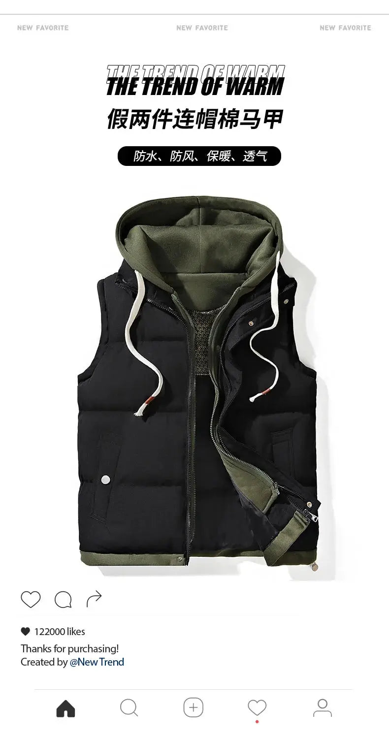 Korean fashion hooded vest for men, Simples Market, black sleeveless cotton jacket with olive hood
