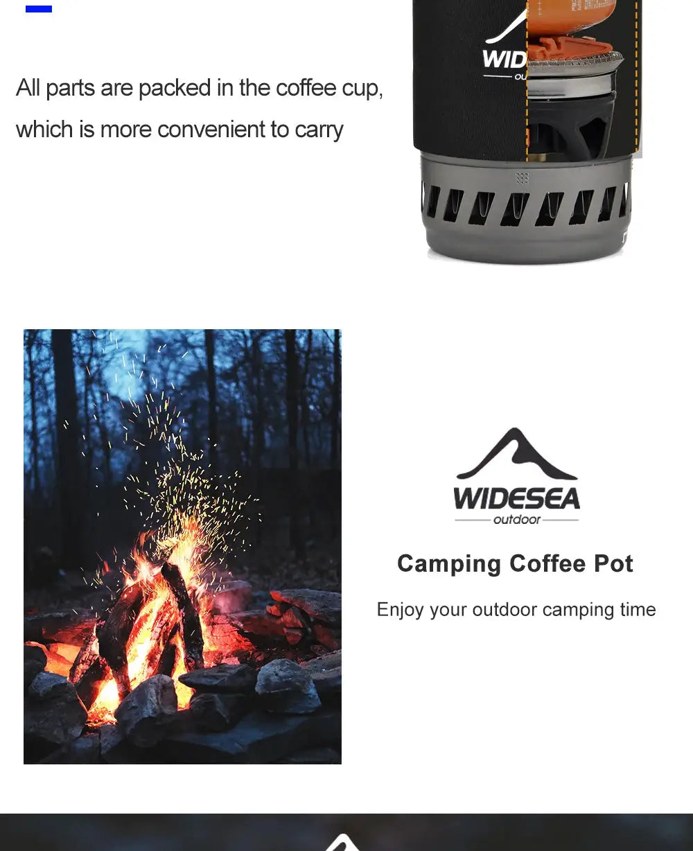 Widesea portable camping coffee pot set with French press, 0.9L capacity, 1100BTU gas stove and anti-scalding cover