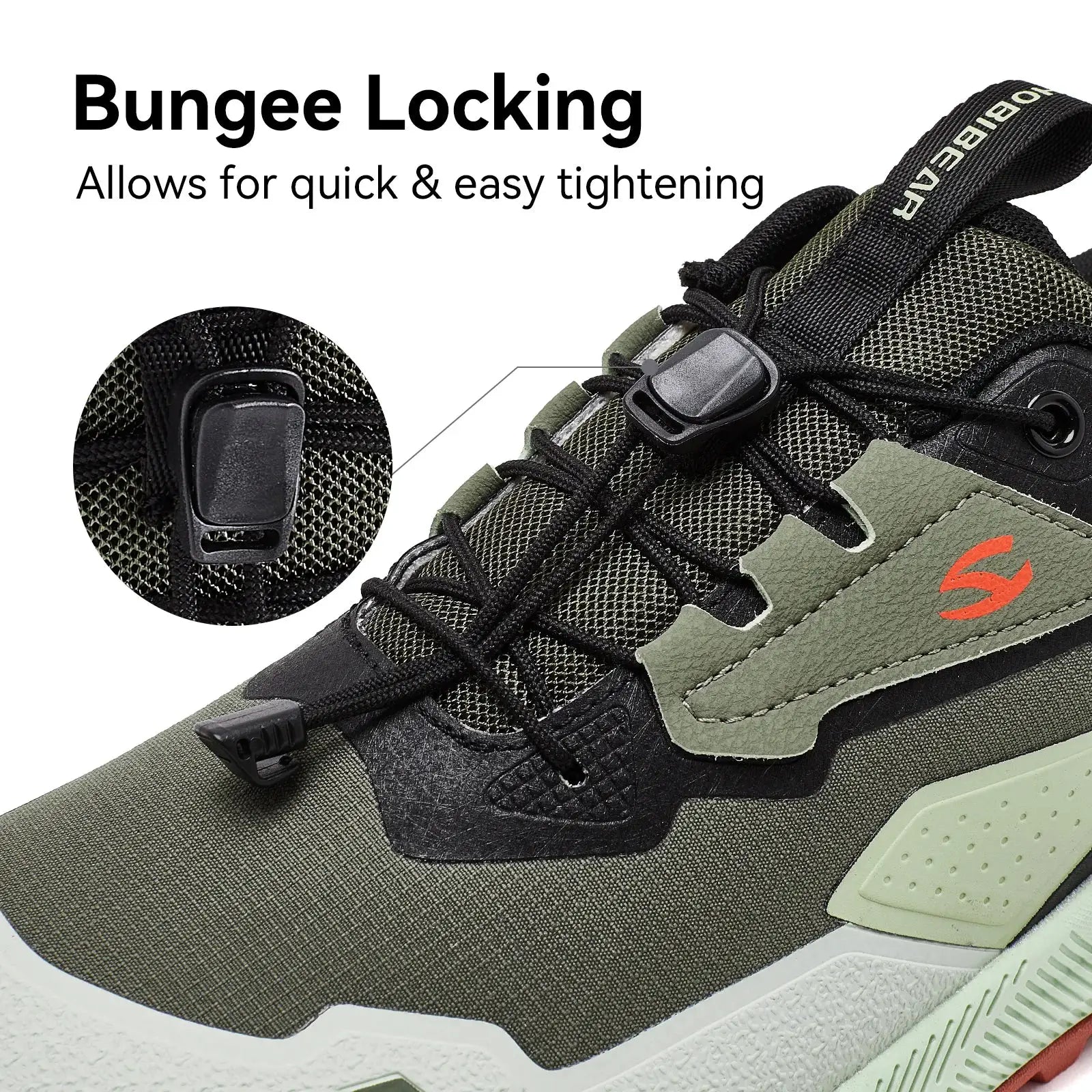HOBIBEAR unisex hiking sneakers with elastic bungee lock, olive green mesh upper, Simples Market
