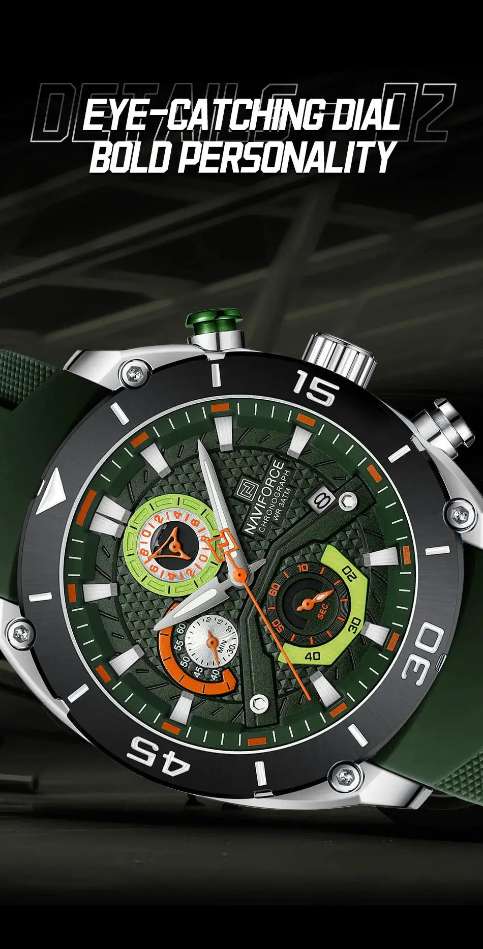 Naviforce sport watch for men with green dial and green strap, chronograph subdials, bold black bezel, waterproof quartz.