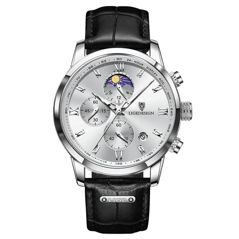 LIGE men's chronograph wristwatch with stainless steel case, black leather strap, silver dial and three subdials