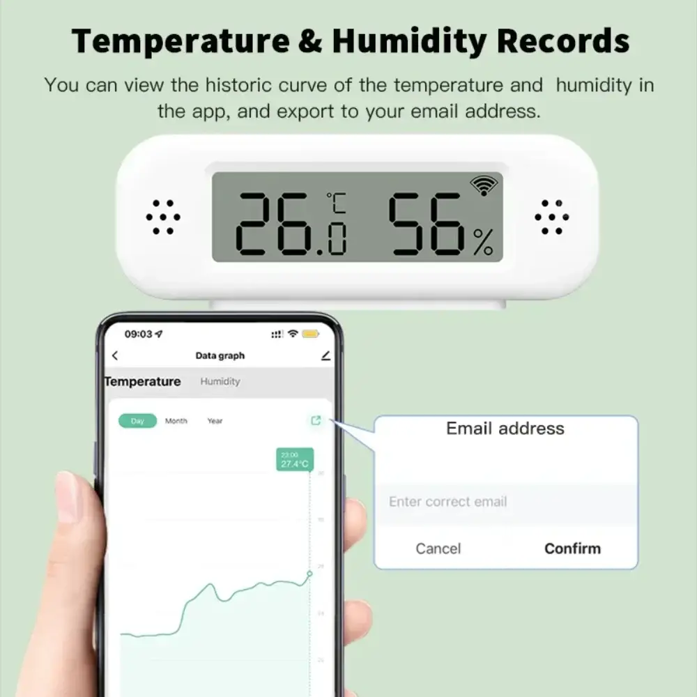 Simples Market Tuya WiFi temperature humidity sensor in white; LCD shows 26.0°C and 56% humidity