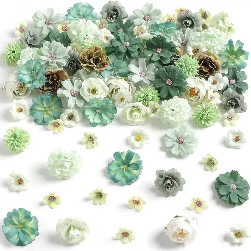 20Pcs rose artificial silk flower heads, 4 cm, pastel greens and whites for wedding decor and DIY crafts